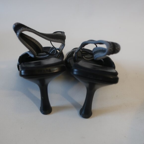 Authentic Prada Black Gray Trim Mixed Media Leather Trim Slingback Heels 7.5 - Picture 7 of 14